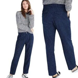 Madewell Pleated Track Trousers Cotton Linen Wool Blend Blue Pinstripe